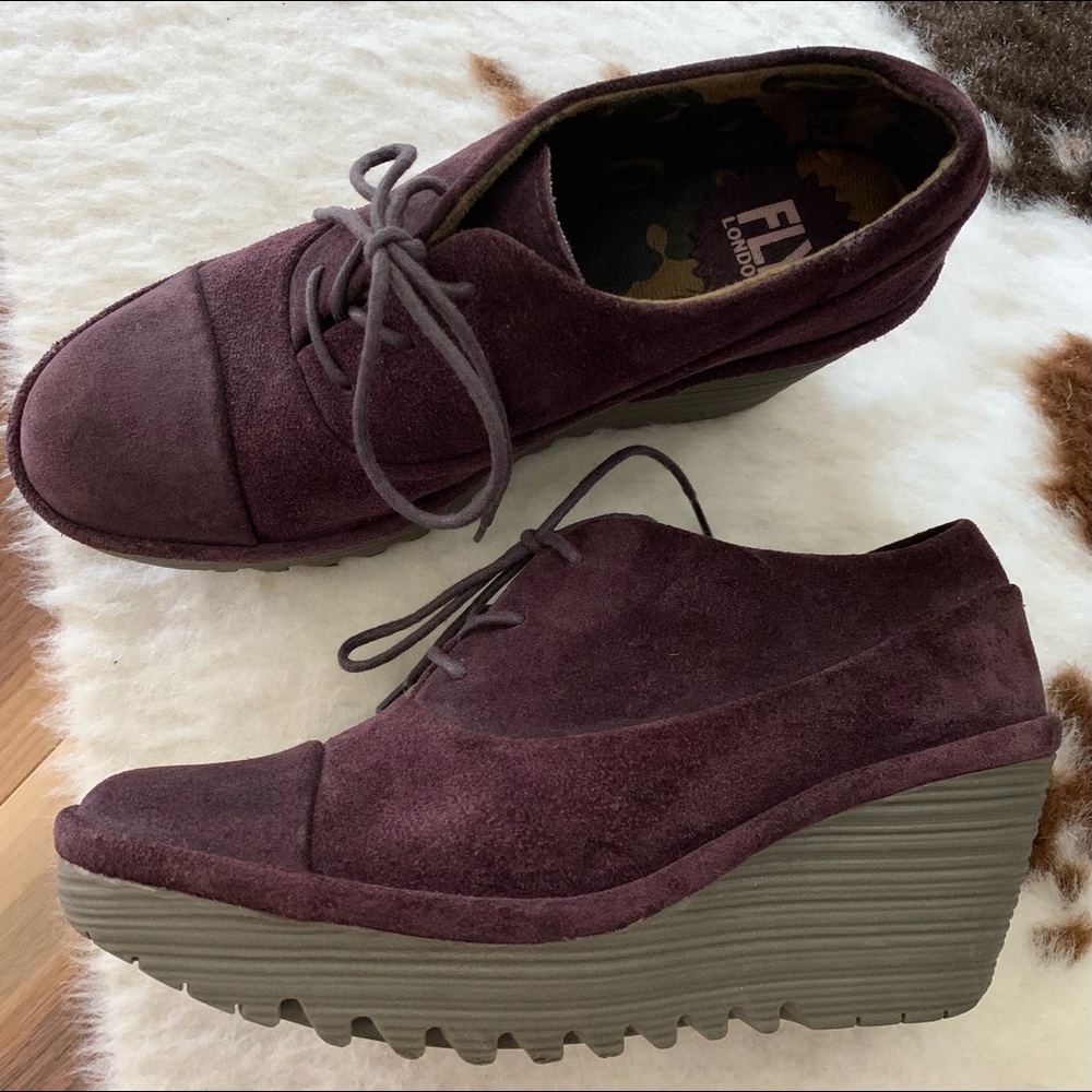 Fly London Purple Suede Wedge Oxfords with Green Platform - Picture 8 of 8